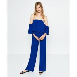 Zara Blue Off Shoulder Short Sleeve Wide Leg Ankle Crop Romper Jumpsuit Size S